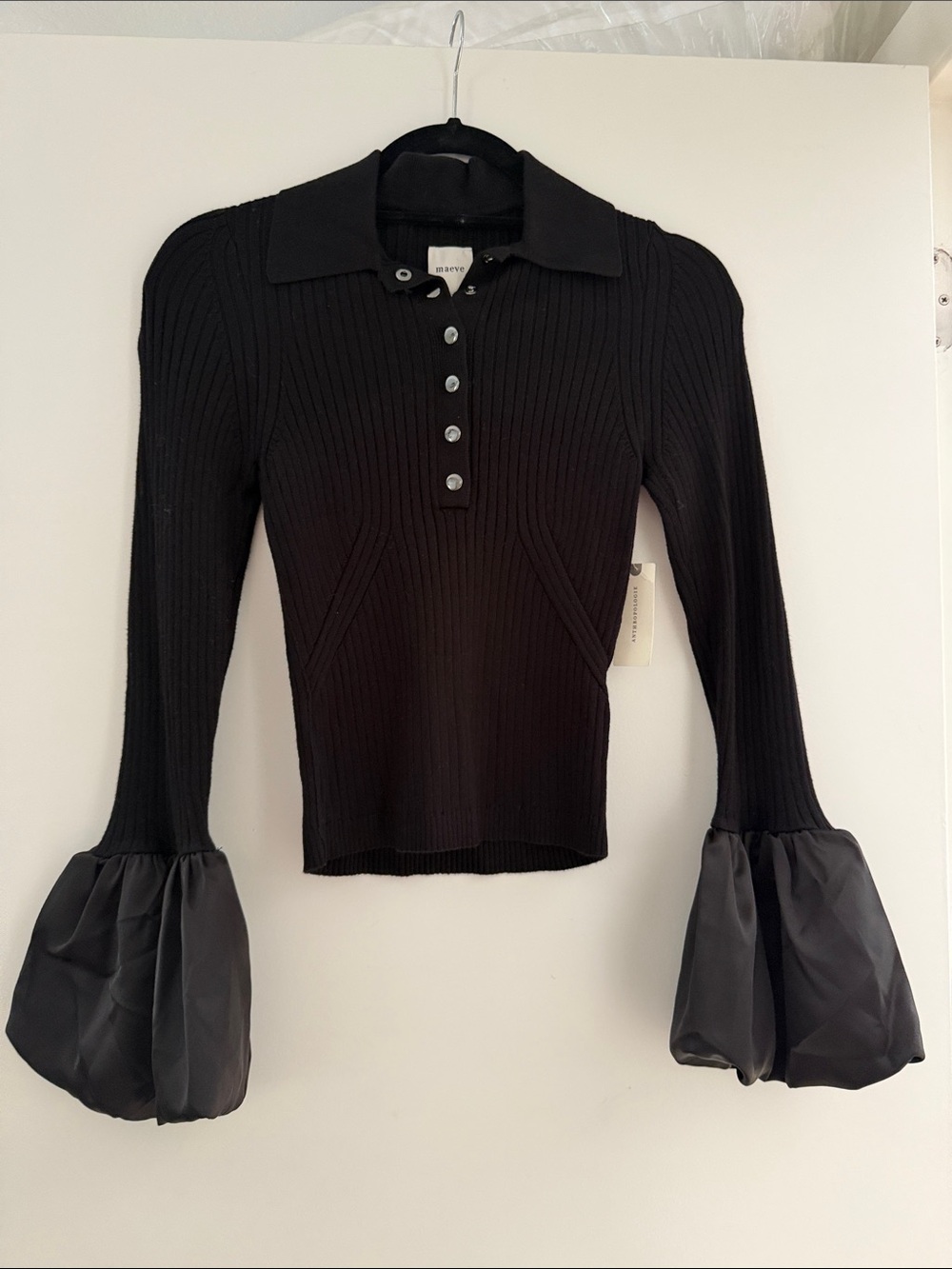 Anthropologie Maeve Rib Knit black Polo Top with satin Puff Cuffs